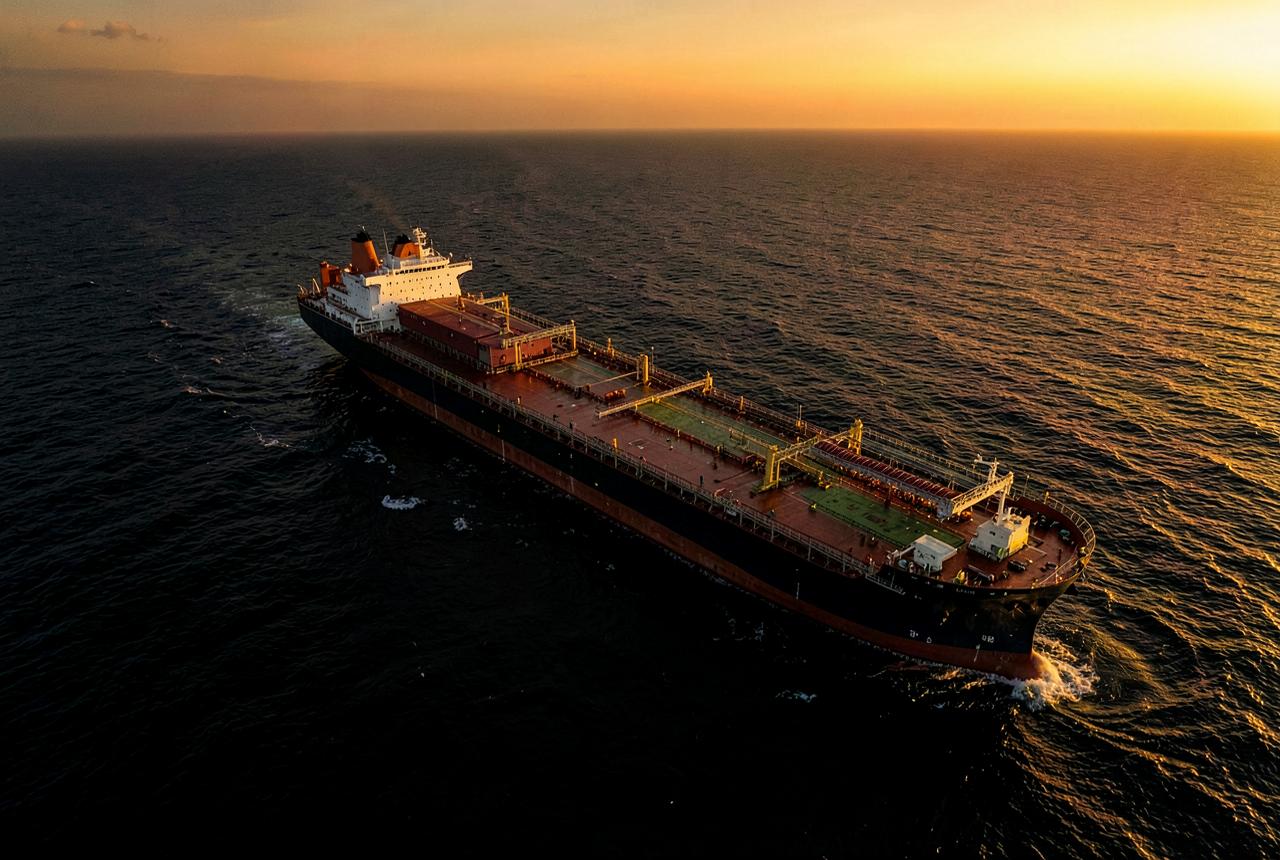 Oil tanker under way at sea at golden hour